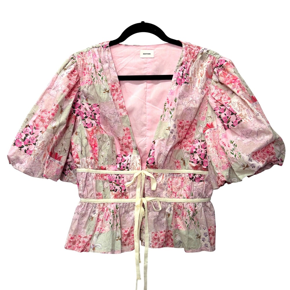 Aureum Floral Patchwork Puff Sleeve Tie Peplum Top Womens Large Cottage Festival